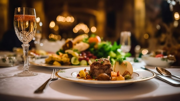 Serviço de alimentação de luxo prato principal servido num restaurante ou num jantar formal em estilo inglês clássico num hotel de luxo ou numa propriedade de campo