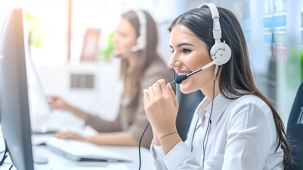 Serviço de atendimento ao cliente. Mulher feliz no call center a falar.