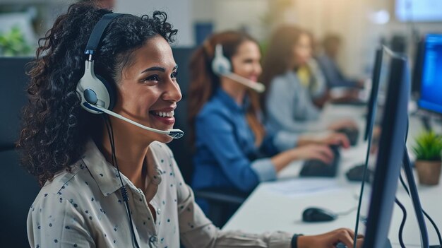 Serviço de atendimento ao cliente. Mulher feliz no call center a falar.