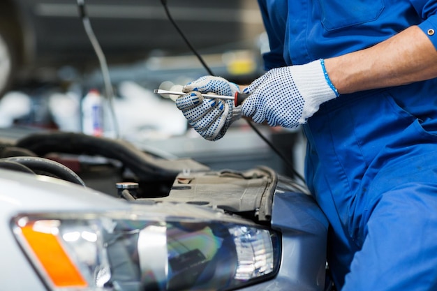 serviço de carro, reparo, manutenção e conceito de pessoas - homem mecânico com chave inglesa e lâmpada trabalhando na oficina