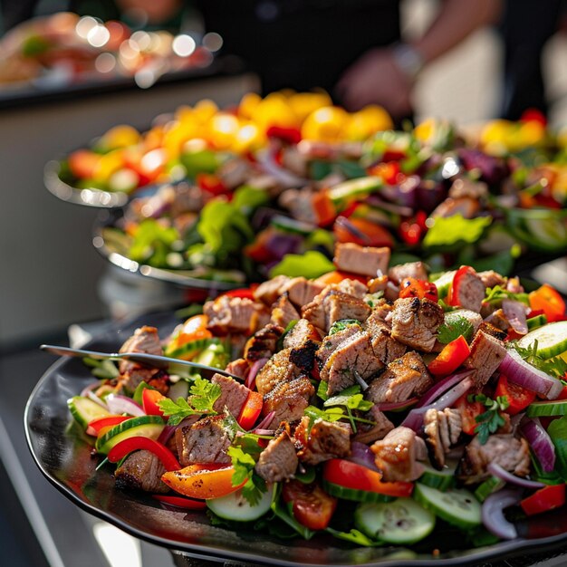 Foto serviço de catering de festival de comida de rua salada com vegetais e carne