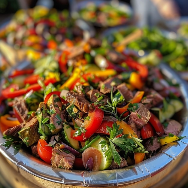 Foto serviço de catering de festival de comida de rua salada com vegetais e carne