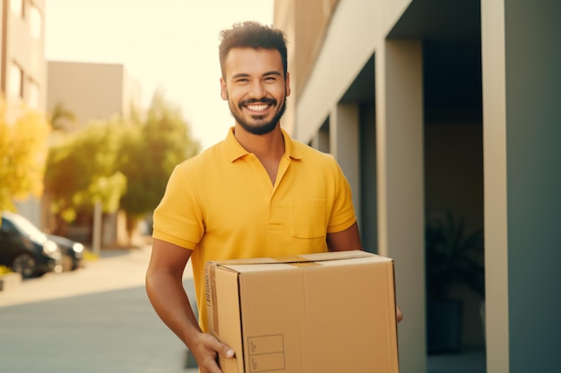 Foto serviço de correio de entrega homem de entrega com boné amarelo e uniforme segurando uma caixa de papelão entregando