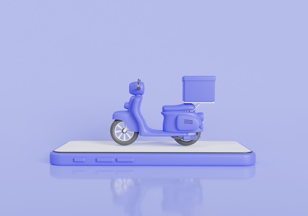 Serviço de entrega mínima de desenho animado expresso por scooter 3d render ilustração compras on-line rastreamento de courier entrega de motocicleta design envio on-line entrega de alimentos em fundo roxo