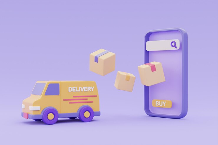 Foto serviço de entrega online na van de entrega de smartphone com caixas de encomendas em renderização 3d de fundo roxo
