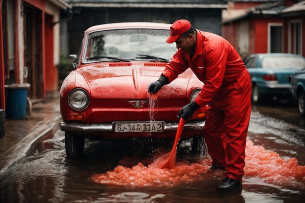 Foto serviço de lavagem de carros homem engraçado de uniforme lava carro vermelho com sabão e água