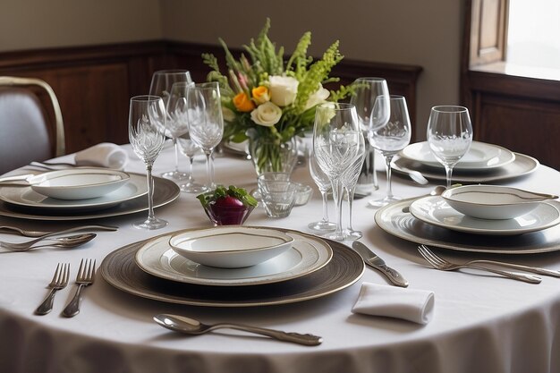 Serviço de mesa para refeições requintadas com talheres e utensílios de vidro