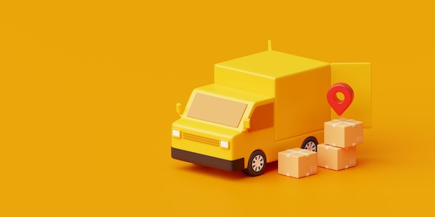 Serviço de transporte de veículos de entrega de carga isolado em fundo amarelo 3d com transporte de negócios de envio de conceito de pacote de carga de envio logístico de contêineres de entrega industrial rápida