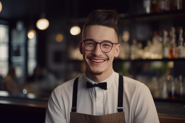 El servidor alegre Un empleado de la cafetería sonriente sirve felicidad