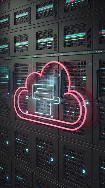 Servidor de almacenamiento de datos en nube virtual con luces de neón