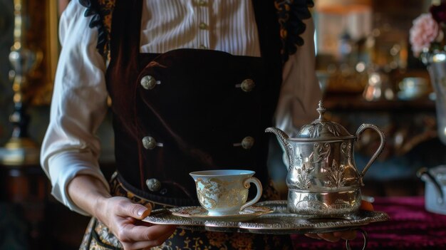 Un servidor bien cuidado con un pan limpio y un delantal crujiente presenta una bandeja de café a un elegante