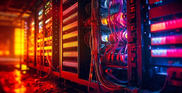 Un servidor de colores brillantes en un estante lleno de cables