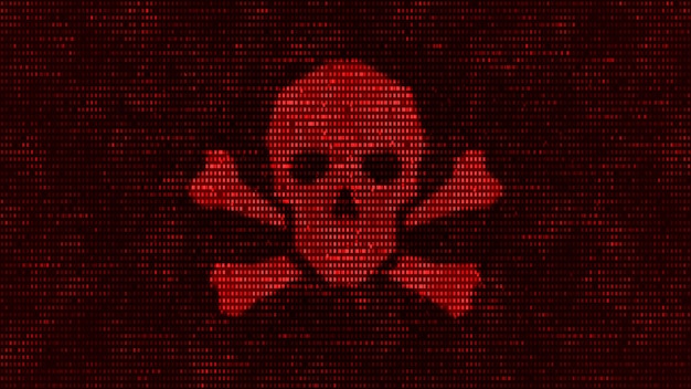 Foto el servidor de la computadora fue atacado con malware por un pirata informático, pantalla de alerta de símbolo de calavera de muerte binaria en el sistema de seguridad de datos de red, amenazas de ciberseguridad del servidor digital futurista ilustración 3d