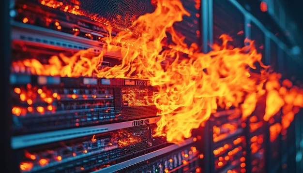 El servidor en llamas en el centro de datos con el sistema de seguridad de la red colapsando