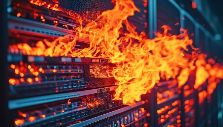 Foto el servidor en llamas en el centro de datos con el sistema de seguridad de la red colapsando