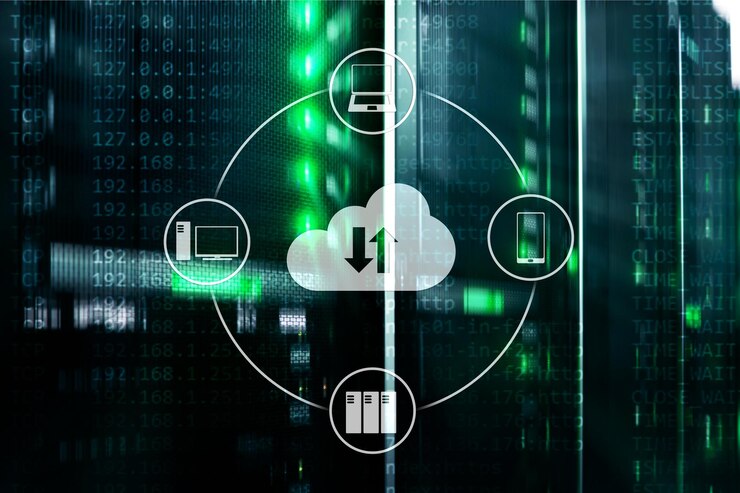 Foto servidor en la nube y almacenamiento y procesamiento de datos informáticos concepto de internet y tecnología