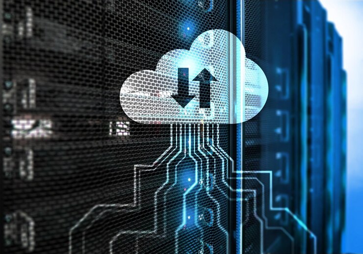 Foto servidor en la nube y almacenamiento y procesamiento de datos informáticos concepto de internet y tecnología