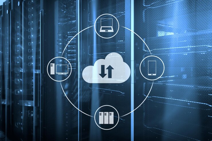 Foto servidor en la nube y almacenamiento y procesamiento de datos informáticos concepto de internet y tecnología