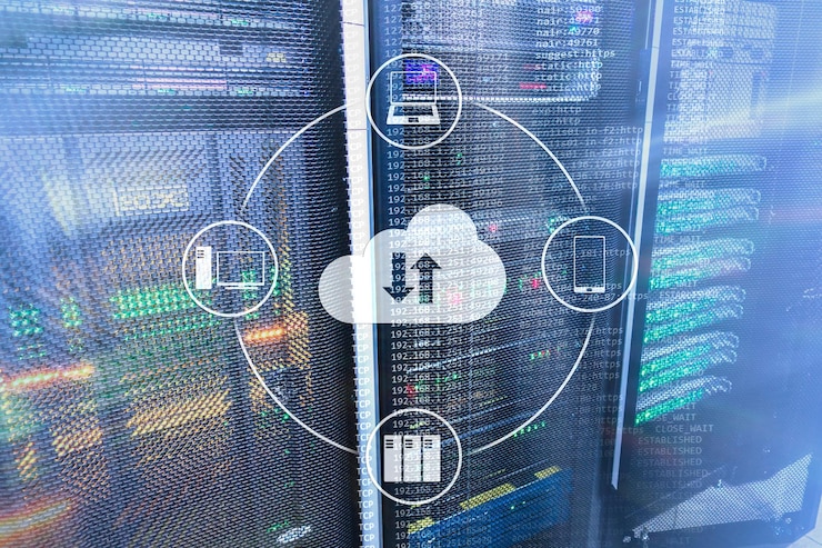 Foto servidor en la nube y almacenamiento y procesamiento de datos informáticos concepto de internet y tecnología