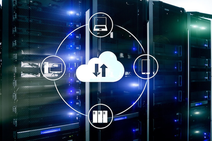 Foto servidor en la nube y almacenamiento y procesamiento de datos informáticos concepto de internet y tecnología