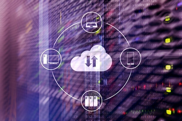 Servidor en la nube y almacenamiento y procesamiento de datos informáticos Concepto de Internet y tecnología