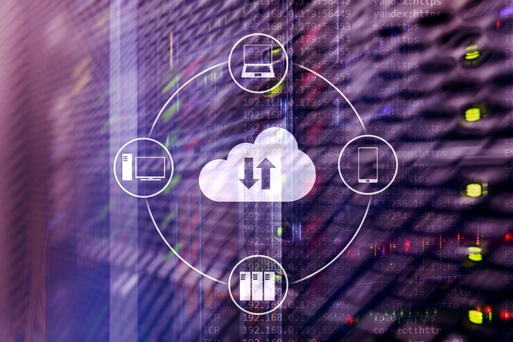 Foto servidor en la nube y almacenamiento y procesamiento de datos informáticos concepto de internet y tecnología