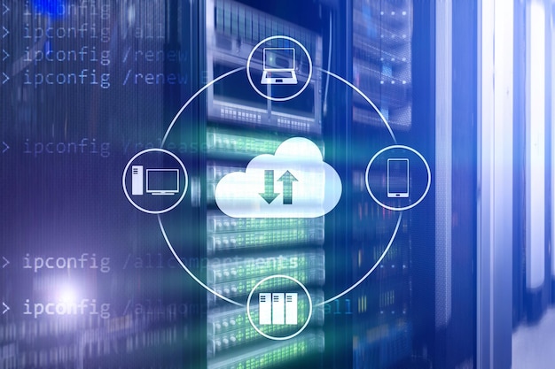 Servidor en la nube y almacenamiento y procesamiento de datos informáticos Concepto de Internet y tecnología