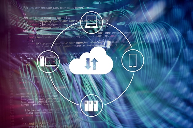 Servidor en la nube y almacenamiento y procesamiento de datos informáticos Concepto de Internet y tecnología