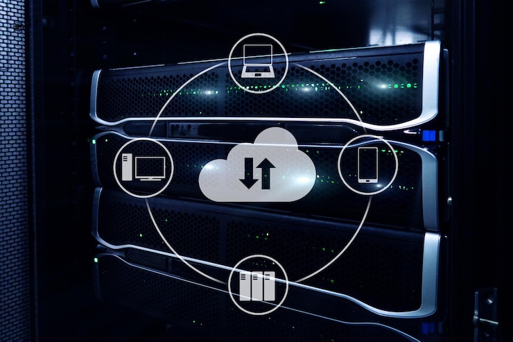 Foto servidor en la nube y almacenamiento y procesamiento de datos informáticos concepto de internet y tecnología