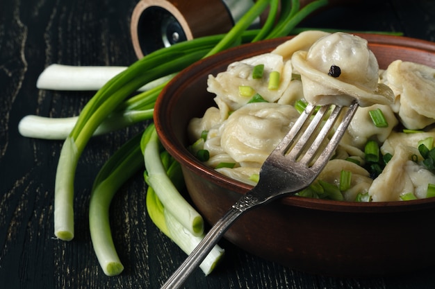 Servidor de pelmeni de carne caliente en plato