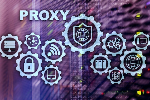 Servidor proxy Seguridad cibernética Concepto de seguridad de red en pantalla virtual Fondo de sala de servidores