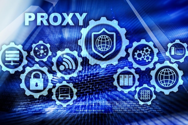 Servidor proxy Seguridad cibernética Concepto de seguridad de red en pantalla virtual Fondo de sala de servidores