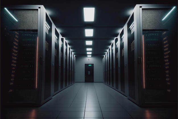 Servidores de computador com luzes laranja no farm de servidores criados usando tecnologia de IA generativa