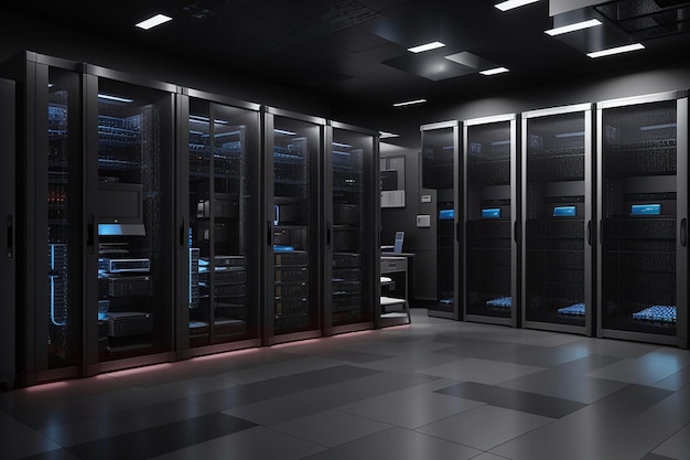 Servidores oscuros sala central con computadoras y sistemas de almacenamiento renderizado en 3D