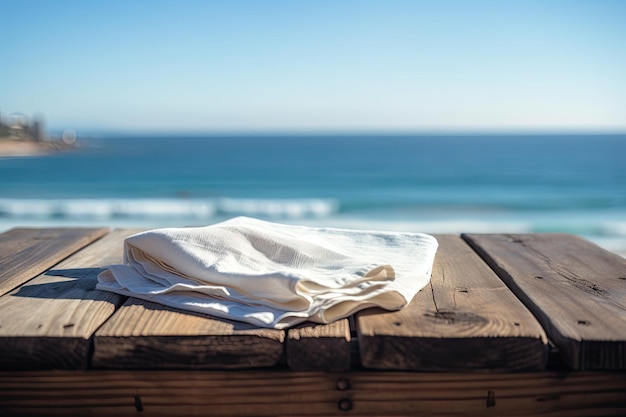 Serviette auf einem Holztisch mit Blick auf den Strand und den klaren blauen Himmel