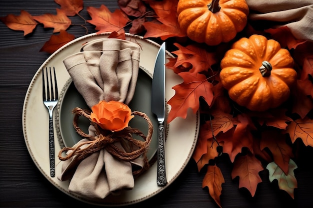 Servilleta de hojas de otoño y cubiertos de otoño IA generativa