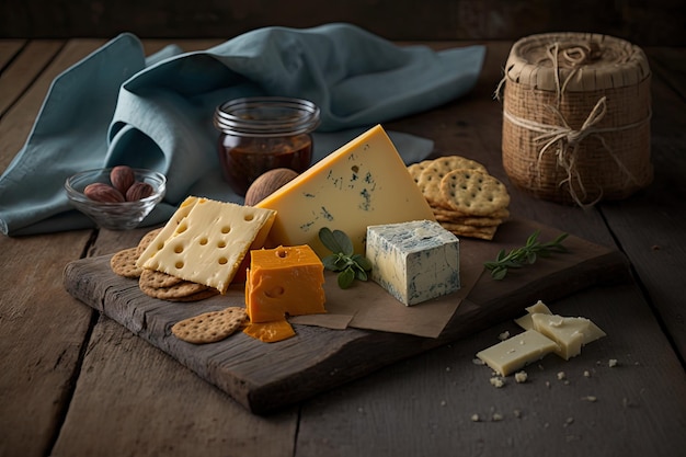 Una servilleta sobre una mesa de madera con diferentes tipos de quesos y galletas listas para una experiencia de tabla de quesos