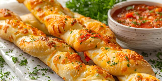 Servindo palitos de pão de alho com molho de Marinara Um aperitivo agradável para qualquer ocasião Conceito Aperitivo Palitos de pã de alho Com molho de marinara