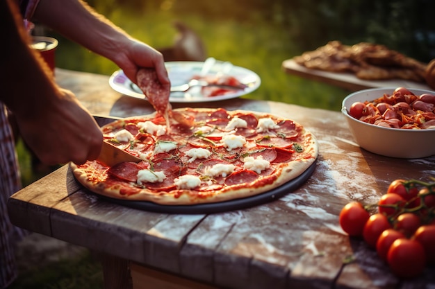 Servindo pizza em um piquenique de verão ao ar livre