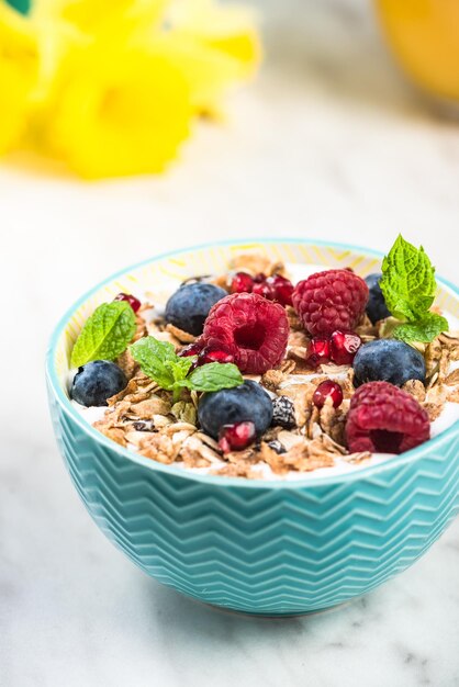 Servindo porção de granola saudável com frutas