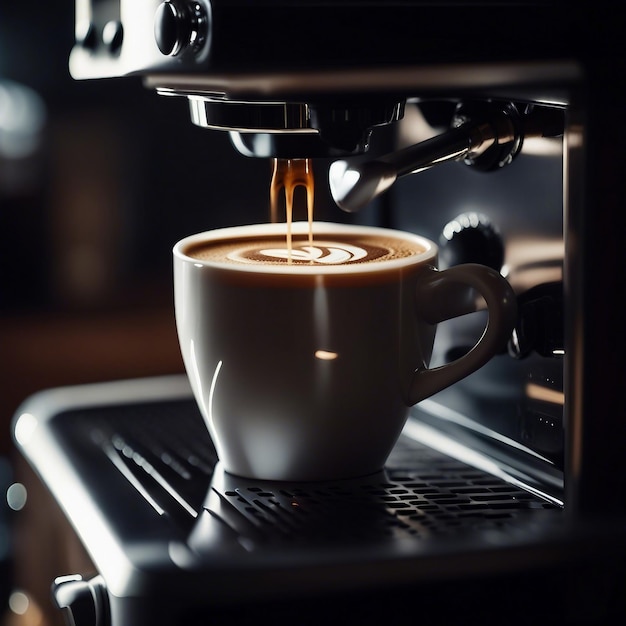 Servindo uma xícara de café expresso em uma cafeteria Fundo desfocado