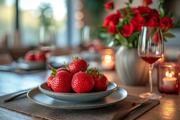 Servir y decorar una cena romántica con rosas rojas y fresas en un plato para una pareja enamorada en el Día de San Valentín