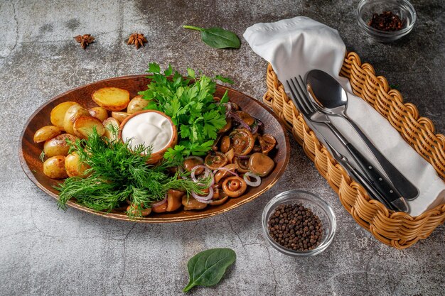 Servir un plato del menú de un restaurante: patatas al horno al estilo rústico con champiñones en escabeche y cebollas, salsa de crema, eneldo y hojas de perejil en un plato sobre el fondo de una mesa de piedra gris