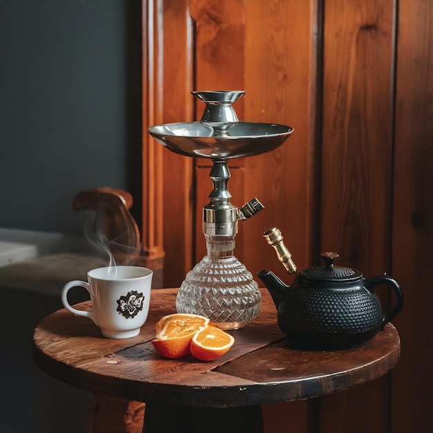 Foto serviu-se uma mesa de chá com shisha de laranja.