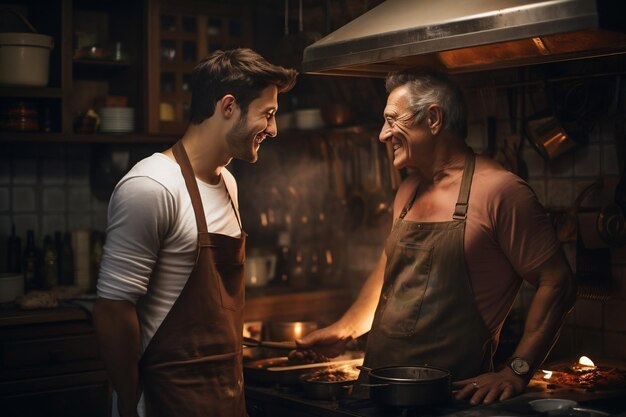 Sesión de cocina de Kitchen Chronicles con IA generativa de padre mayor e hijo adulto