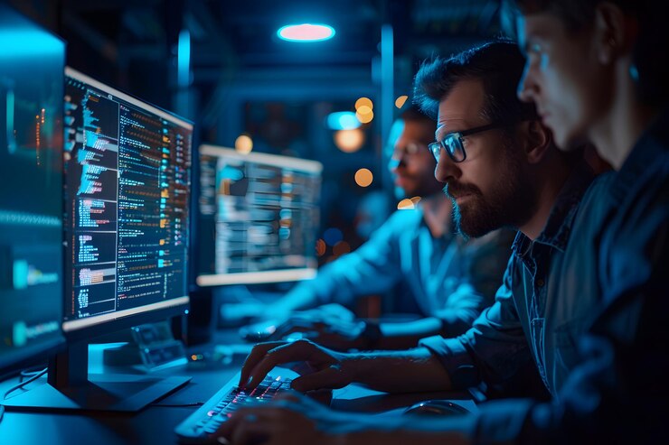 Sesión de codificación colaborativa en un entorno de alta tecnología