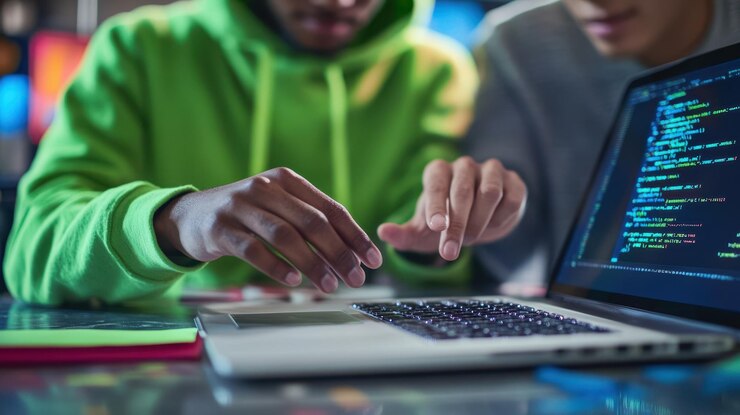 Foto la sesión de codificación colaborativa