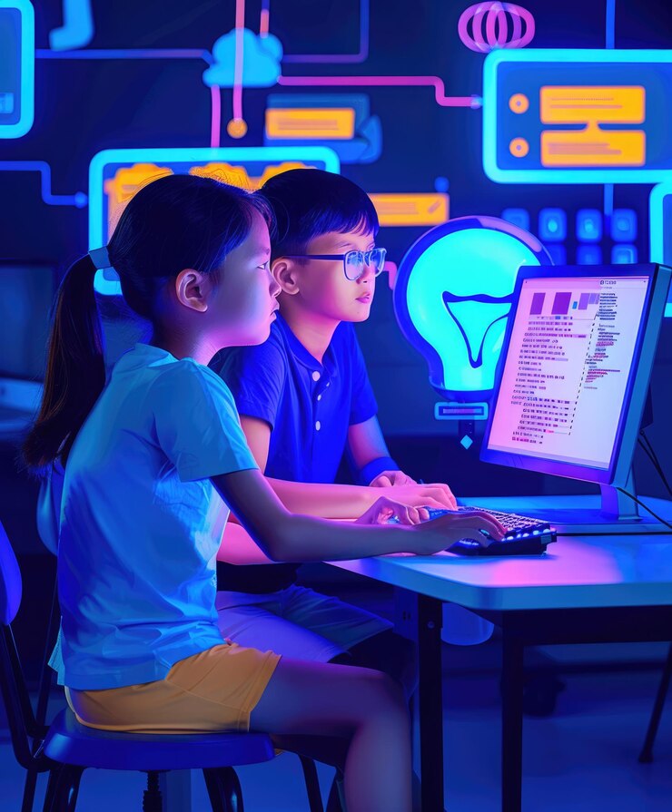 Foto sesión dos estudiantes que usan la computadora contra un fondo oscuro