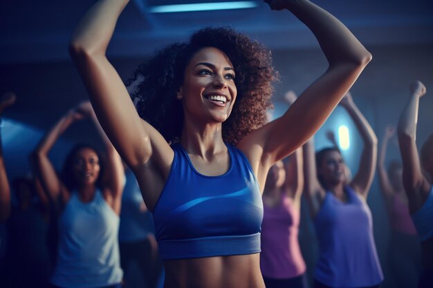 Sesión de entrenamiento de alta energía para participantes de fitness realzada por una iluminación vibrante