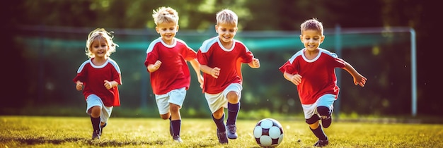 Sesión de entrenamiento de fútbol para niños Niños corriendo y pateando balones de fútbol